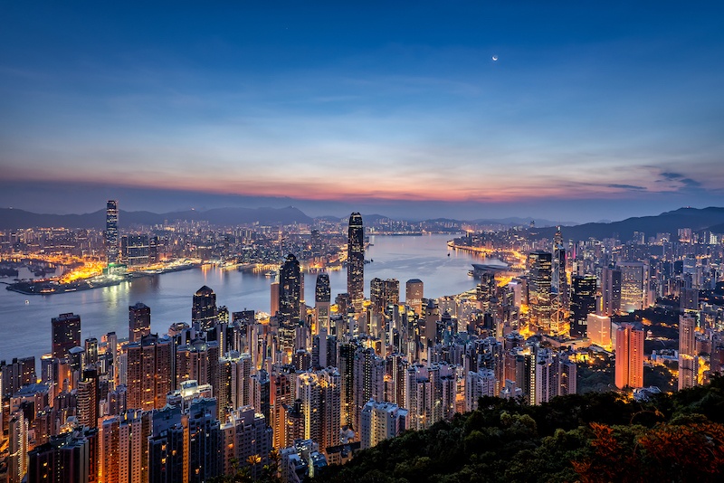 city view from the peak observation point of hong kong city in the morning before sunrise