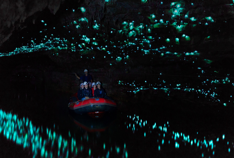 A group in a boat at the waitomo caves 