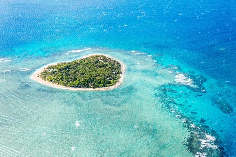 Aerial view of Tavarua, heart shaped island, Mamanucas, Fiji