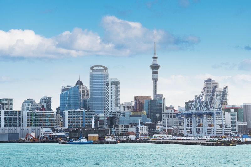 The Auckland cityscape with the sea in the foreground.
