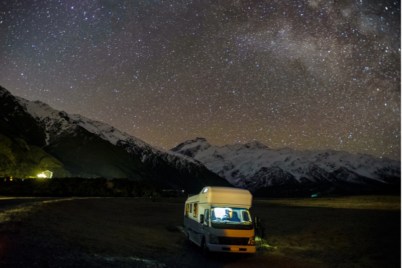 Campervan parked at night under the Milky Way Galaxy, Mount Cook National Park.