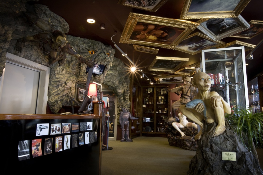 A sculpture of Gollum on a rock stands at the entrance to the Weta Cave Museum, Wellington.