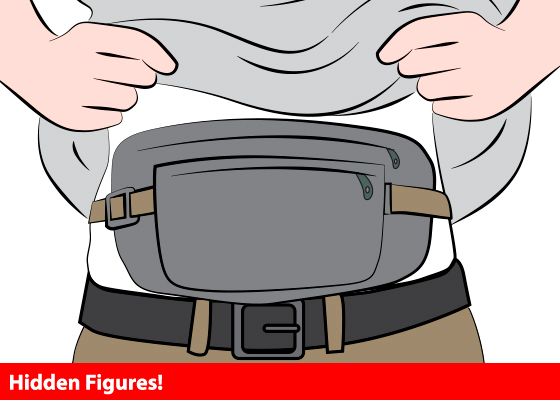 cartoon of person's waist, wearing money belt beneath tshirt