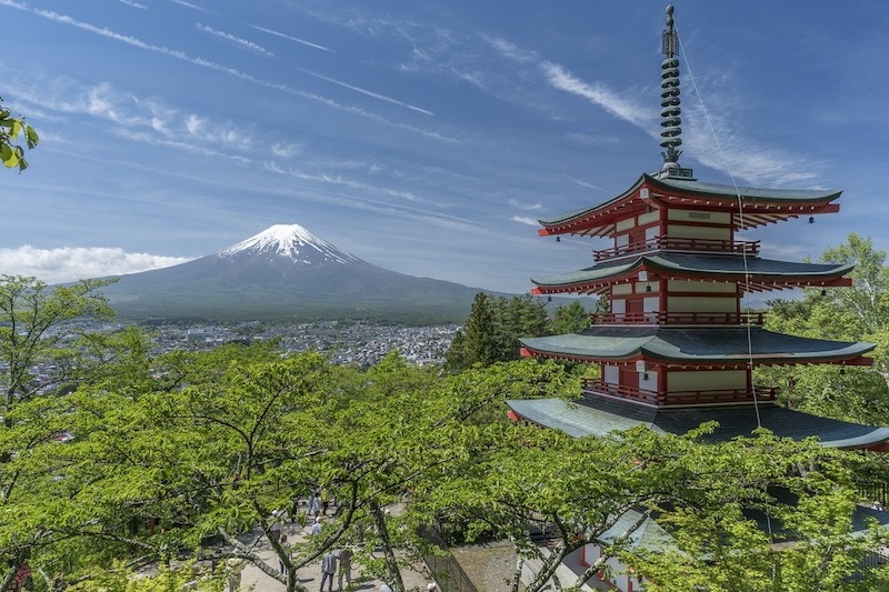 A tall Japanese temple towers over trees with Mt Fuji in the background.