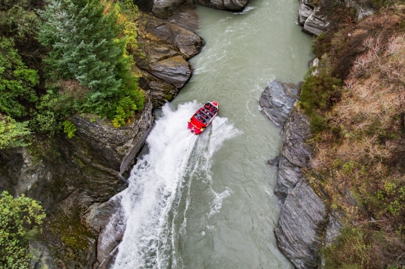 A drone's view of a jet boat on the Shotover River in Queenstown.