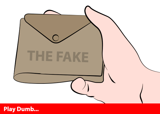 graphic of hand holding bag with 'the fake' written on it