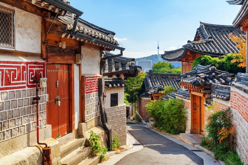 Traditional Korean houses in Bukchon Hanok Village in Seoul, South Korea