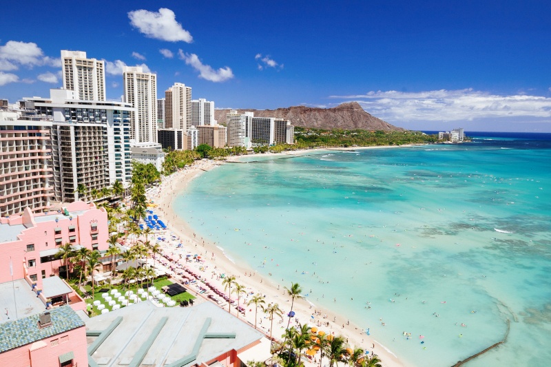 Waikiki beach and diamond head crater in Honolulu, Oahu, Hawaii, USA