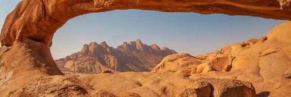 A rocky mountain range with unique shapes