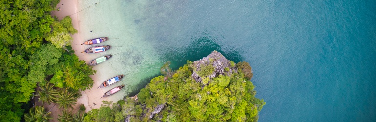 A drone's view of  forested bluff leading to the sea and a beach where several narrow boats are moored.