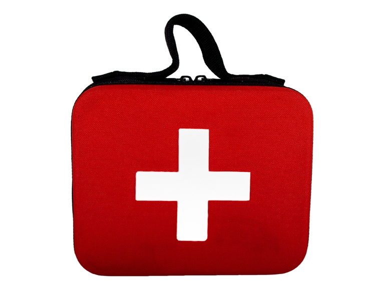 a red first aid bag with a white plus symbol on it